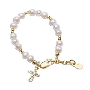 NEW CHERISHED MOMENTS kid's mae cross pearl bracelet in 14k gold plate/sterling